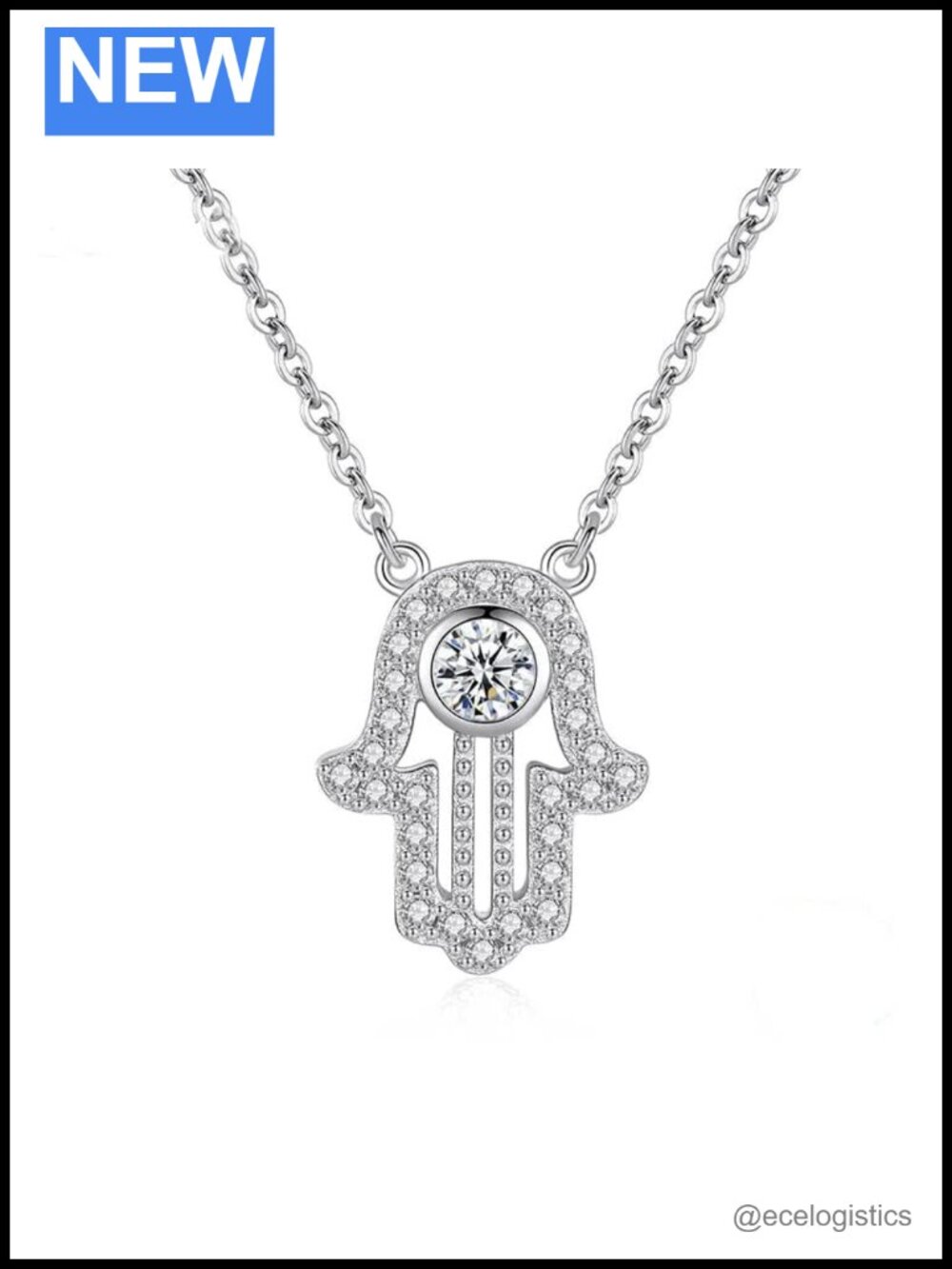 14K Gold Hamsa Hand Pendant Necklace Moissanite Evil Eye 18in